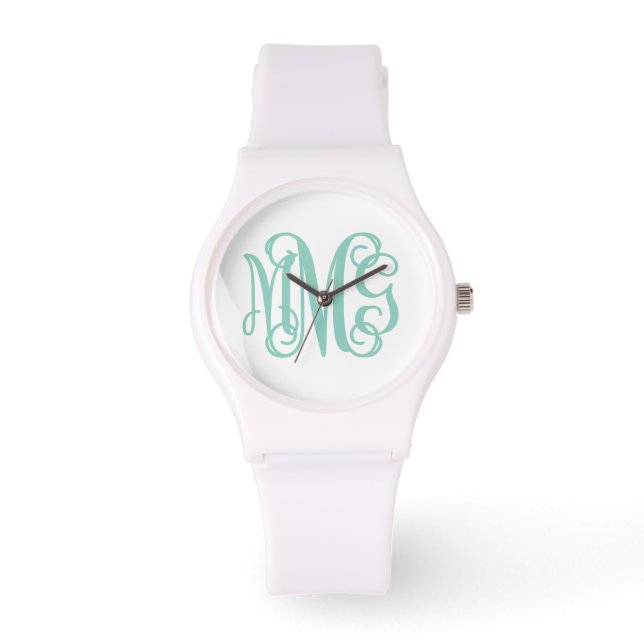 Aqua and White Preppy Script Monogram Watch (Front)