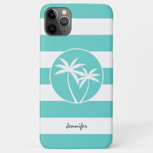 Aqua and White Stripes and Palm Trees with Name Case-Mate iPhone Case