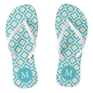 Aqua and Yellow Diamonds Ikat Pattern Personalised Jandals