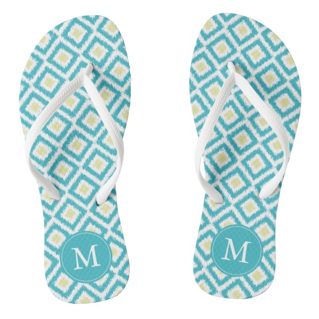 Aqua and Yellow Diamonds Ikat Pattern Personalised Jandals (Footbed)