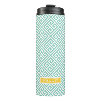 Aqua and Yellow Greek Key Monogram Thermal Tumbler