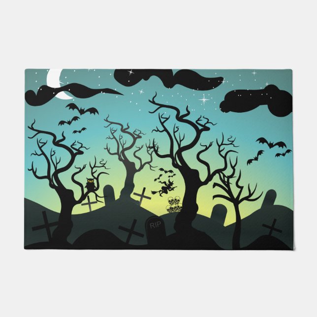 Aqua and yellow haunted graveyard Halloween Doormat (Front)