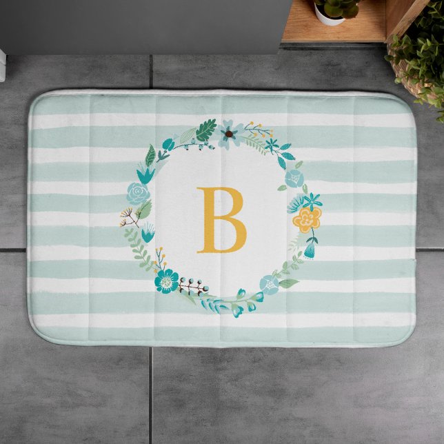 Aqua and Yellow Monogrammed Floral Wreath Bath Mat (Creator Uploaded)