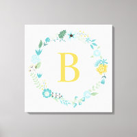 Aqua and Yellow Monogrammed Floral Wreath