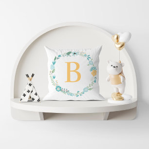 Aqua and Yellow Monogrammed Floral Wreath Cushion