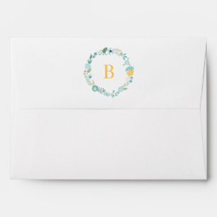 Aqua and Yellow Monogrammed Floral Wreath Envelopes