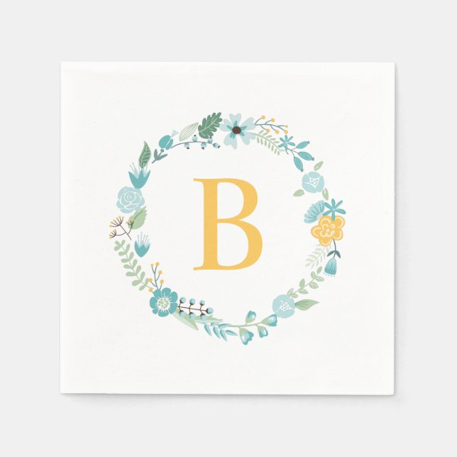 Aqua and Yellow Monogrammed Floral Wreath Napkin (Front)
