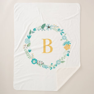 Aqua and Yellow Monogrammed Floral Wreath Sherpa Blanket