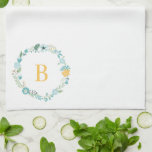 Aqua and Yellow Monogrammed Floral Wreath Tea Towel<br><div class="desc">Elegant and sweet monogrammed floral wreath design.</div>