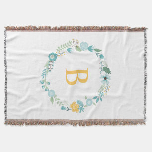 Aqua and Yellow Monogrammed Floral Wreath Throw Blanket