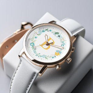 Aqua and Yellow Monogrammed Floral Wreath Watch