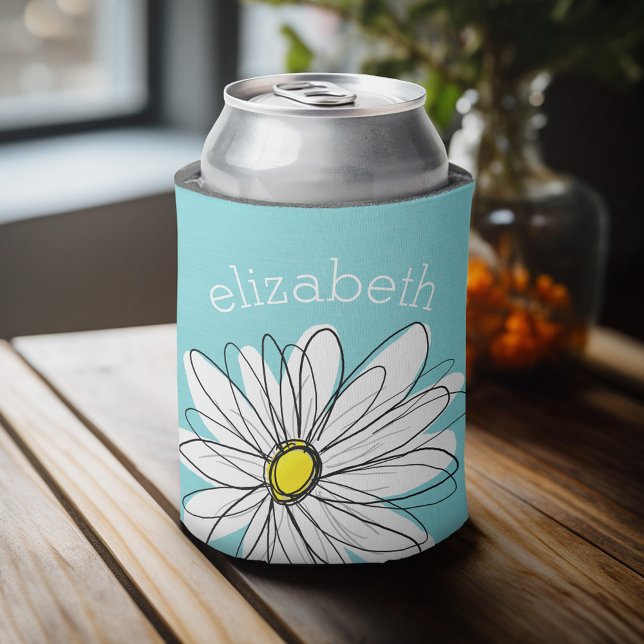 Aqua and Yellow Whimsical Daisy Custom Text Can Cooler (Personalized can cooler with a place to add a name or other custom text)