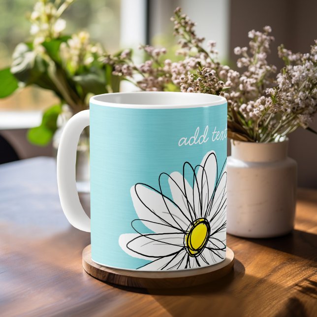 Aqua and Yellow Whimsical Daisy Custom Text Coffee Mug (Whimsical Daisy mug with personalized name - makes a great gift!)