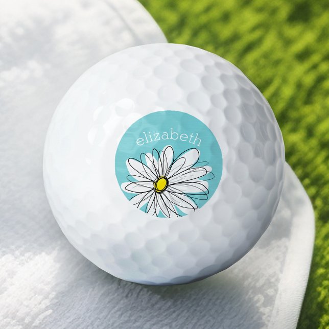 Aqua and Yellow Whimsical Daisy Custom Text Golf Balls (Add Your Name to this Personalized Golf Ball)