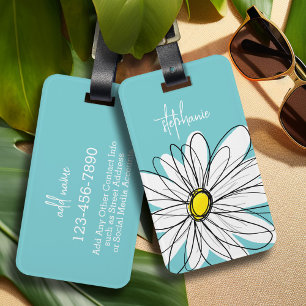 Aqua and Yellow Whimsical Daisy Custom Text Luggage Tag
