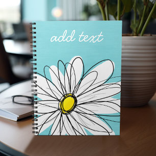 Aqua and Yellow Whimsical Daisy Custom Text Spiral Notebook