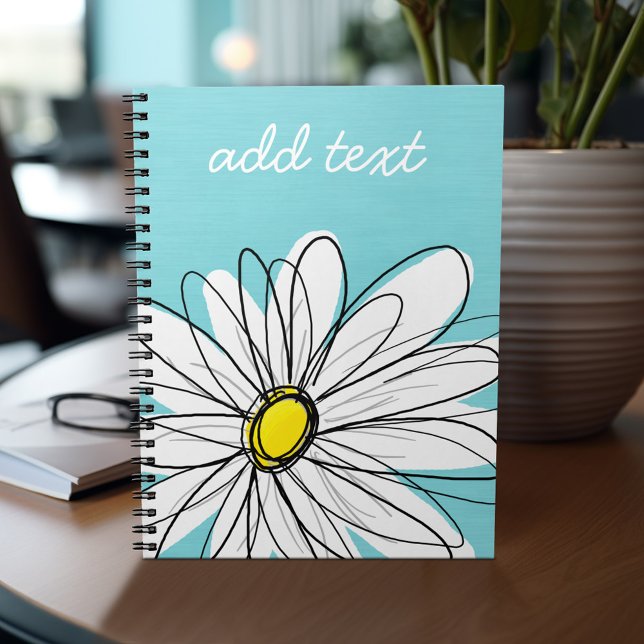 Aqua and Yellow Whimsical Daisy Custom Text Spiral Notebook (Personalized notebook - add name and custom text)