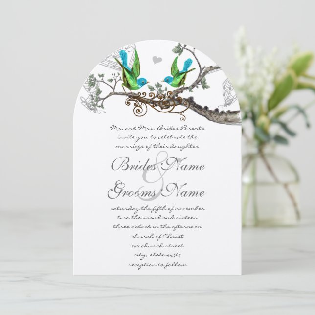 Aqua & Apple Green Vintage Birds Wedding Invite (Standing Front)