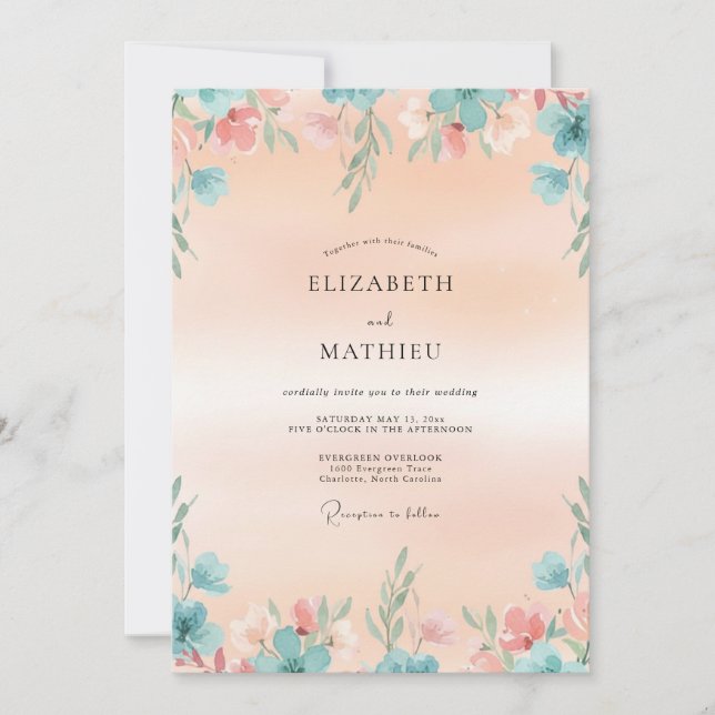 Aqua Apricot Leafy Wedding Invitation (Front)