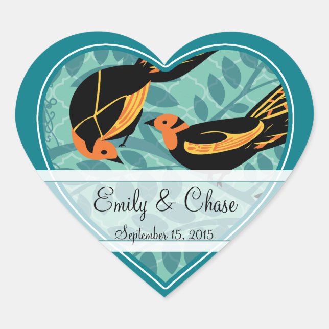 Aqua Art Deco Love Birds Sitting in a Tree Wedding Heart Sticker (Front)