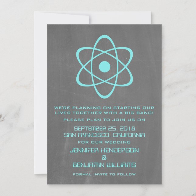 Aqua Atomic Chalkboard Save the Date Invite (Front)