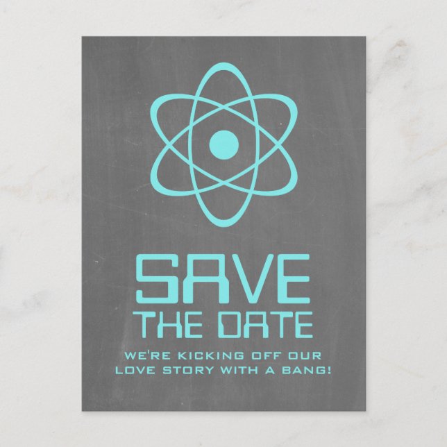Aqua Atomic Chalkboard Save the Date Postcard (Front)
