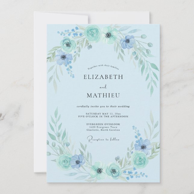 Aqua Azure Foliage Eucalyptus Wedding Invitation (Front)