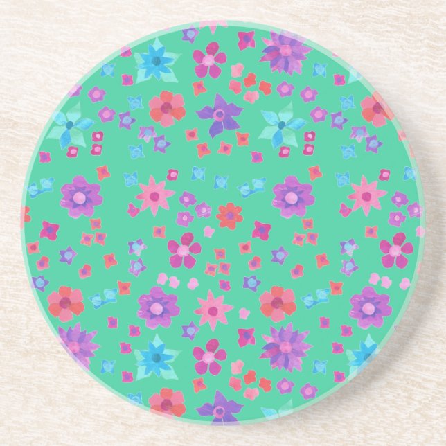 Aqua Background Flower-Power Sandstone Coaster (Front)
