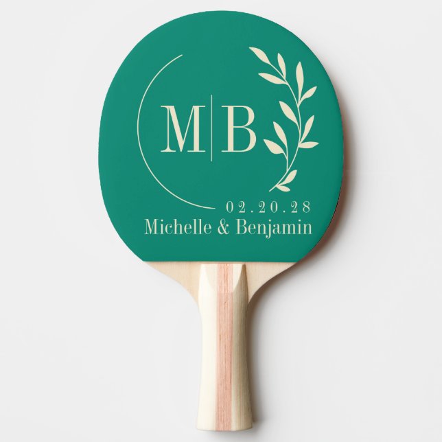 Aqua Beach Breeze Leaf Wedding Monogram Ping Pong Paddle (Front)