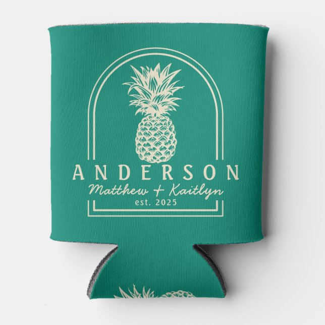 Aqua Beach Breeze Pineapple Wedding Arch & Name Can Cooler (Front)