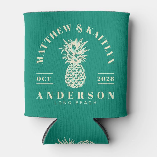Aqua Beach Breeze Tropical Pineapple Wedding Crest Can Cooler (Front)