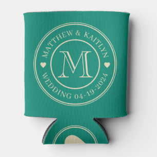 Aqua Beach Breeze Wedding Monogram Heart Can Cooler