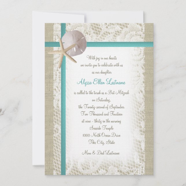 Aqua Beach Burlap and Lace Bat Mitzvah Invitation (Front)