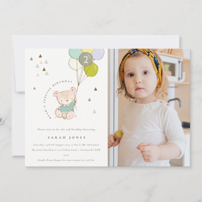 Aqua Bear Balloon Photo Any Age Birthday Invite (Front)