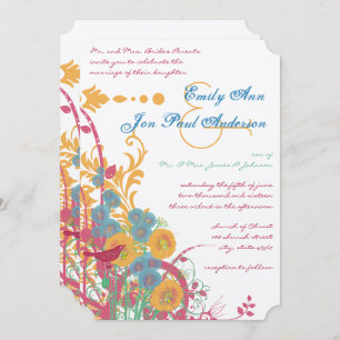 Aqua Beeswax Raspberry Wild Flower Bird Wedding Invitation