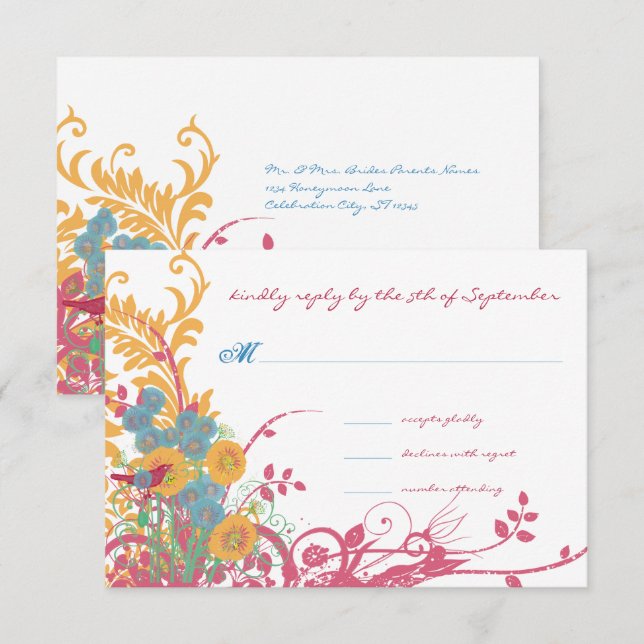 Aqua Beeswax Raspberry Wild Flower Bird Wedding Invitation (Front/Back)