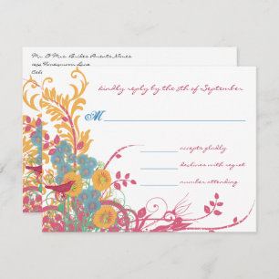 Aqua Beeswax Raspberry Wild Flower Bird Wedding Invitation
