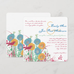 Aqua Beeswax Raspberry Wild Flower Bird Wedding Invitation