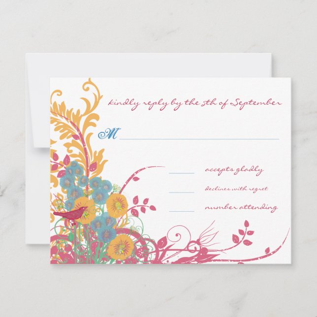 Aqua Beeswax Raspberry Wild Flower Bird Wedding RSVP Card (Front)