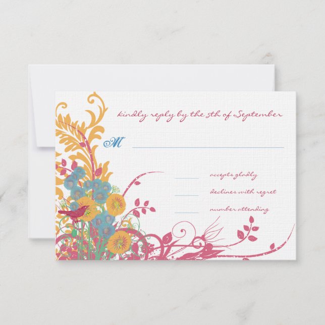 Aqua Beeswax Raspberry Wild Flower Bird Wedding RSVP Card (Front)