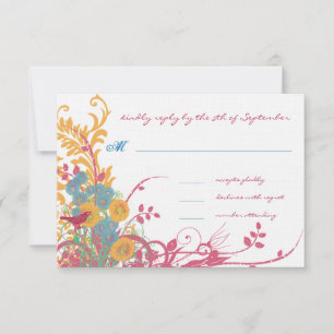 Aqua Beeswax Raspberry Wild Flower Bird Wedding RSVP Card