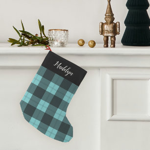 Aqua & Black Buffalo Plaid Personalised Small Christmas Stocking