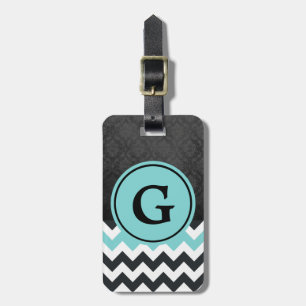 Aqua Black Chevron Damask Monogram Luggage Tag