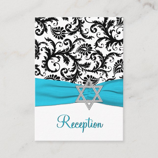 Aqua, Black Damask Bat Mitzvah Enclosure Card (Front)