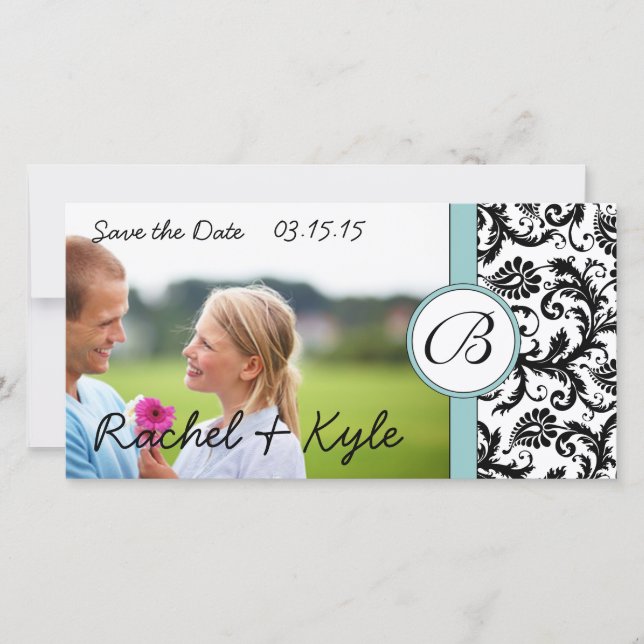 Aqua & Black Damask Save the Date Your Photo (Front)