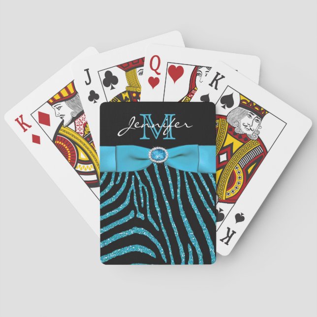 Aqua Black FAUX Ribbon Glitter Zebra Playing Cards (Back)