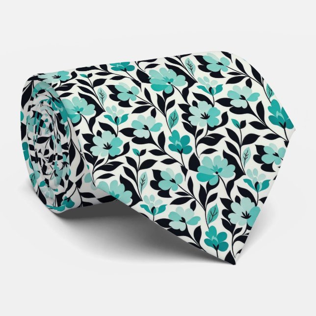 Aqua + Black Faux Silk Tie | Abstract Gentleman's (Rolled)