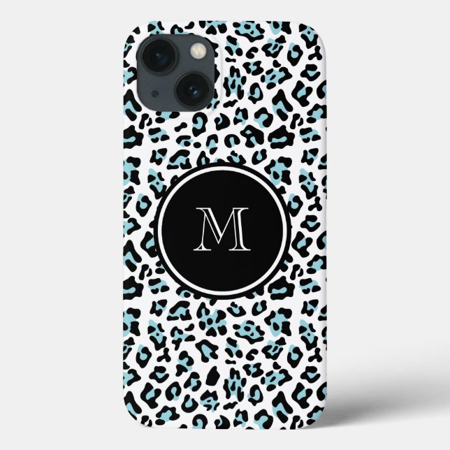 Aqua Black Leopard Animal Print with Monogram Case-Mate iPhone Case (Back)