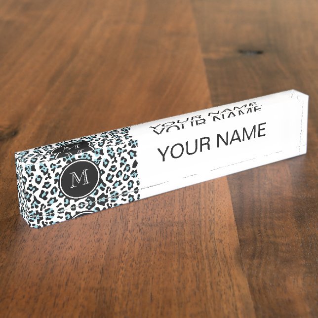 Aqua Black Leopard Animal Print with Monogram Nameplate (Side)