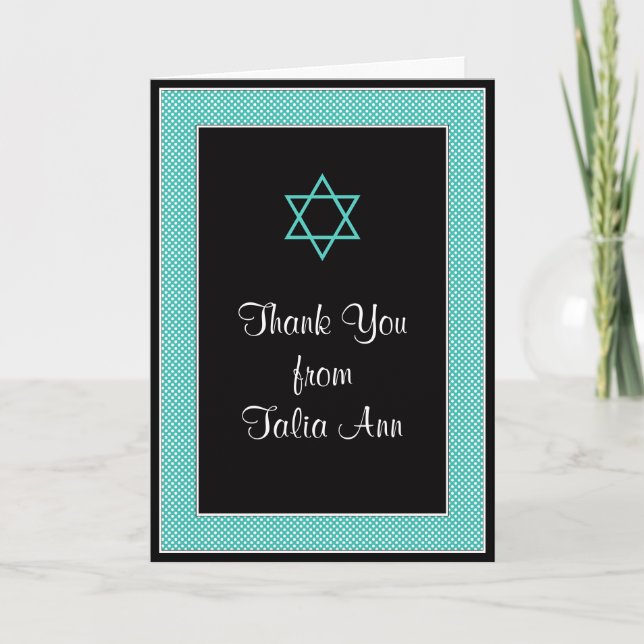 Aqua Black Mini Polka Dot Bat Mitzvah Thank You Card (Front)